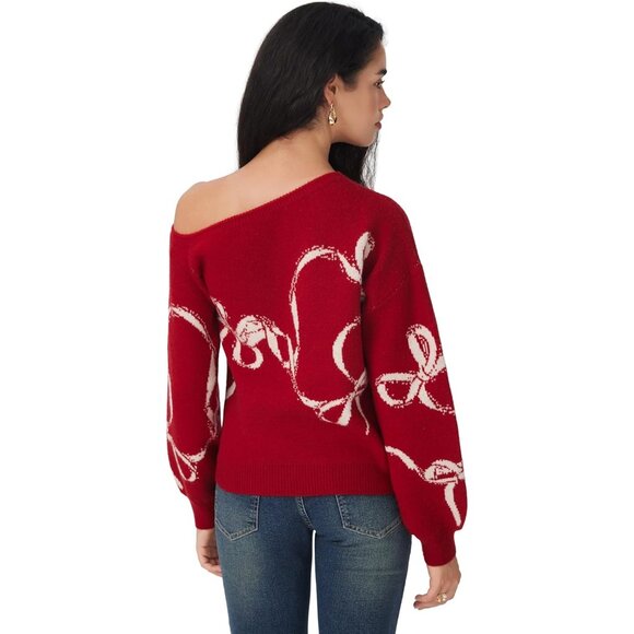 Women’s Red CIDER One Shoulder Bowknot Knit Pullover Sweater - Picture 4 of 5